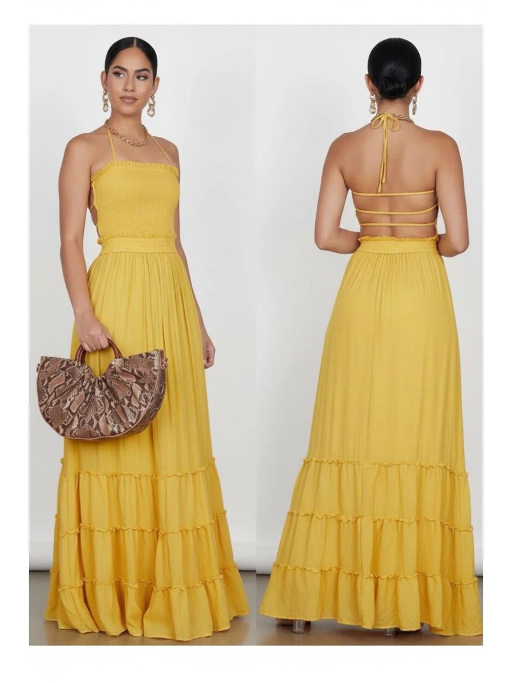 Boho Yellow Maxi Dress Medium Smocked Bodice Strappy Open Back Summer Dress
